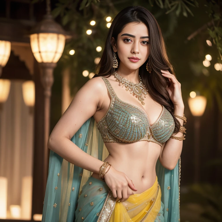 Hiba Nawab in 25 year old, perfect age, ultra realistic face,  indian woman tette grandi capezzoli ritto viso sorridente, standing, seductive, remove blouse pose black hair, thin eyebrows, fair skin, blushing cheeks, perfect body, big breasts, teal , yellow,pink colour saree, cleavage, castle hallway, eye contact, seductive smile, realistic style, 8k,exposure blend, medium shot, bokeh, (hdr:1.4), (cinematic), ( dark tones:1.3), (hyperdetailed:1.2),Realism,1 girl,girl wearing indian saree(dressed in transparent saree)(wearing glitter graphics jewelry), medium , Sexy medium Breast, nipple, bright light, long_hair, Bokeh ,nsfw , indian , tree branch, colourfull,  princess dress, lehenga choli