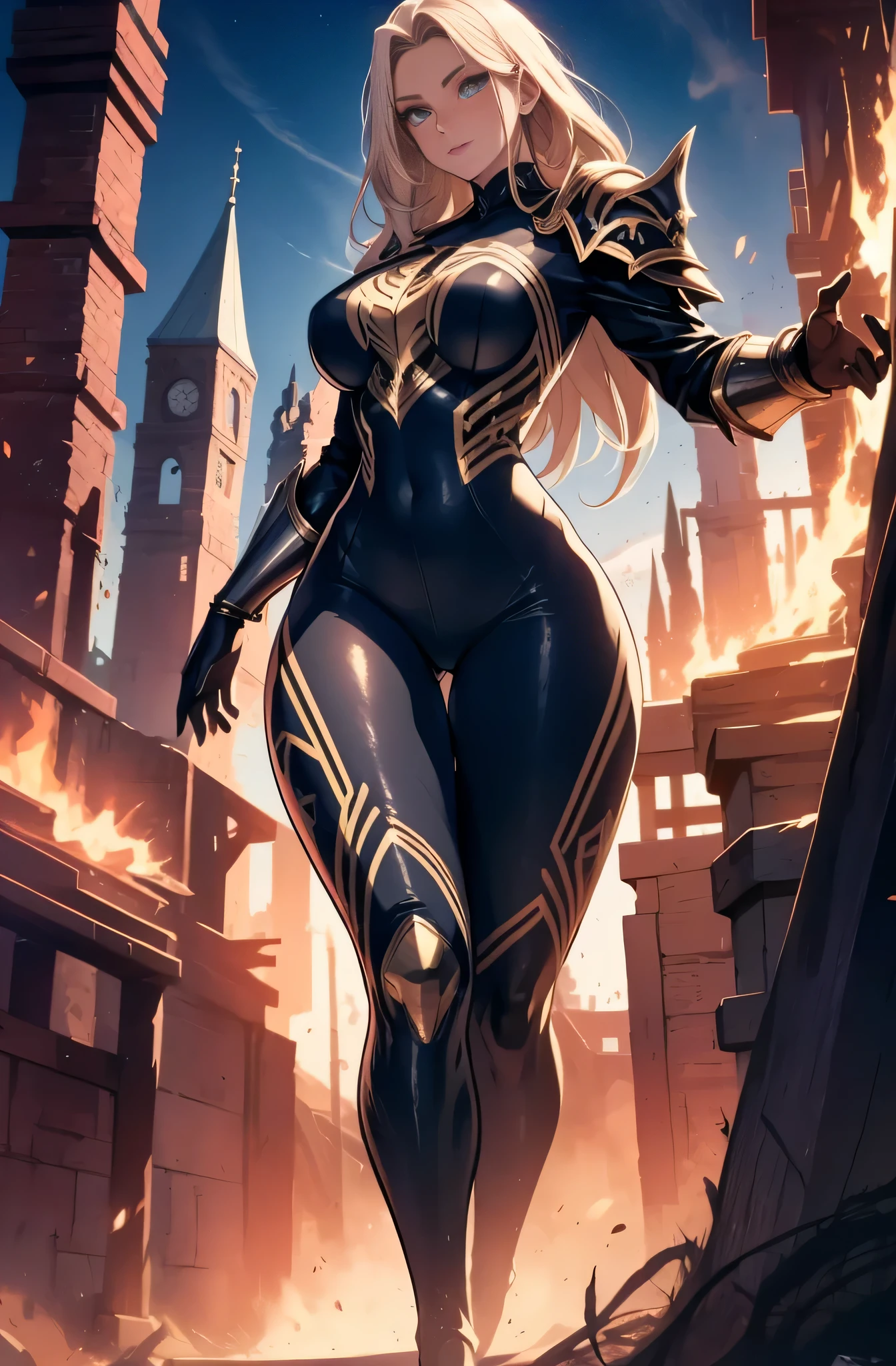 high priestess，Robe，mature woman, female，voluptuous figure，tightsuit，blonde hair, Female, alone, paladin of light, human, light powers, expert fighter, detailed eyes, beautifull face, long hair, defined body, yellow and bright eyes, thick legs, strong legs, tall, Voluptuous legs, black armor, female paladin, huge ass, big hip, big ass, wearing black coat, black and red robes, detailed eyes, big hips, medium armor, tall girl, ,