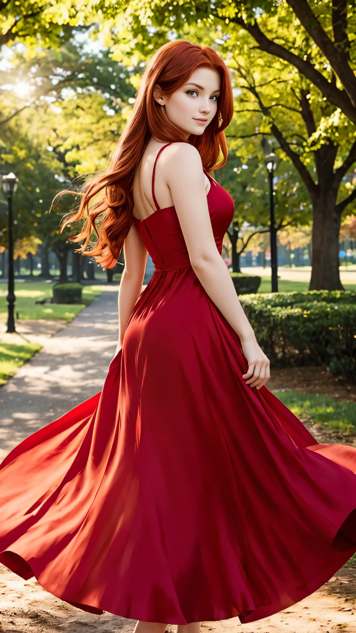 Beautiful redhead girl with brown eyes and long hair in senxual red dress on a professional photo shoot in a park sunny and clear day