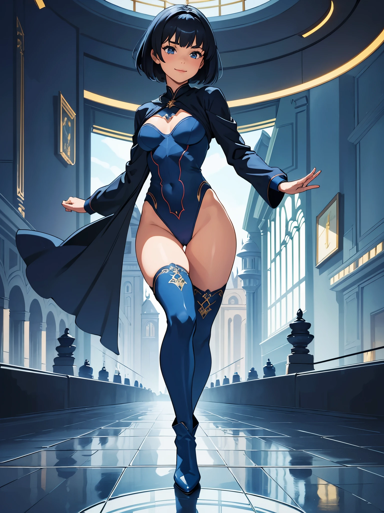 masterpiece, best quality, 1girl, superhero, ((leotard, dark blue leotard)), long sleeves, ((dark blue royal robe)), bare legs, boots, dark blue boots, matching boots, medium breasts, standing, standing straight, sci-fi backdrop, a castle in the background, dark blue hair, ((short hair, bob hair)), blue eyes, beautiful detailed eyes, beautiful detailed face, cute face, perfect hands, complete fingers, perfect anatomy, perfect proportions, regal, smile, closed mouth, full body with costume, full body, cowboy shot