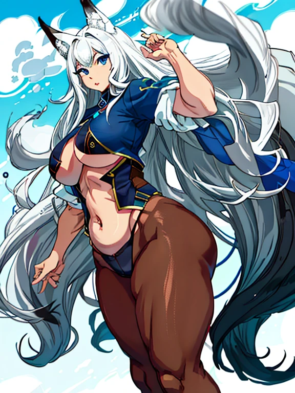 whaite hair，1 plump man with extremely thick thighs ，fox demon，Suaviza o cabelo，rosto inexpressivo，pale complexion，Quimono Branco Puro，olhos de cor azul