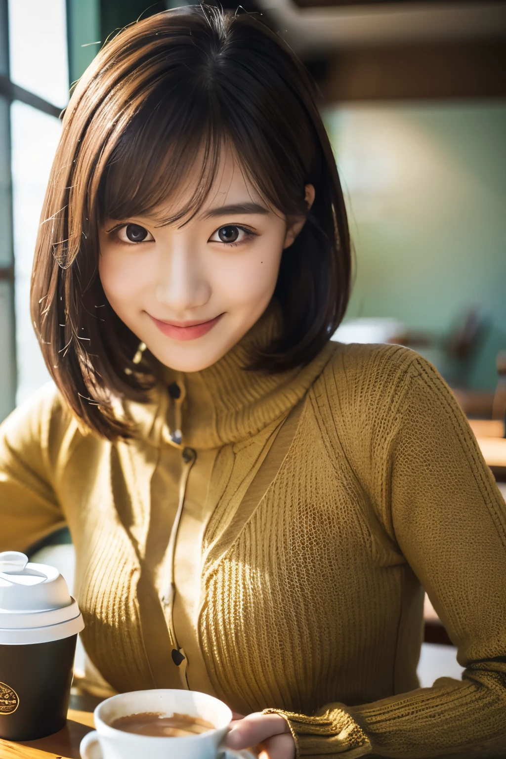 table top, highest quality, figure, Super detailed, small details, High resolution, 8k wallpaper, 完璧なダイナミックな構figure, detailed and beautiful eyes, long sleeve knit,shoulder extension,bob hair, middle of chest, natural color lips, random sexy poses,smile,20 year old girl,coffee shop,bitter,chest enhancement