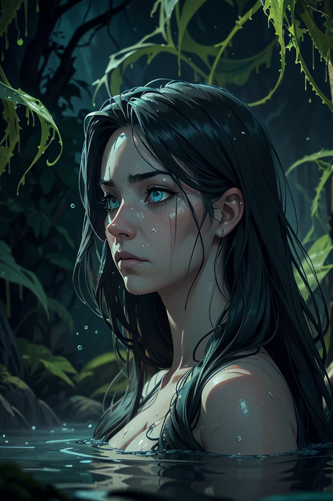 zrpgstyle, from_side from_below beautiful scary woman made of water (sadness expression:1.2) woman with (long water hair:1.2) rising out of the water moss smoke vines churning water fireflies midnight moonlight backlight (masterpiece:1.2) (best quality) (detailed) (intricate) (8k) (HDR) (wallpaper) (cinematic lighting) (sharp focus)