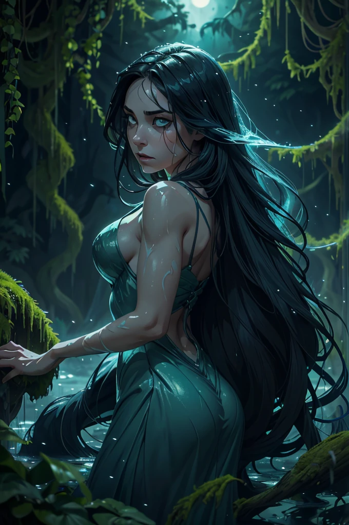 zrpgstyle, from_side from_below beautiful scary woman made of water (sadness expression:1.2) woman with (long water hair:1.2) rising out of the water moss smoke vines churning water fireflies midnight moonlight backlight (masterpiece:1.2) (best quality) (detailed) (intricate) (8k) (HDR) (wallpaper) (cinematic lighting) (sharp focus)