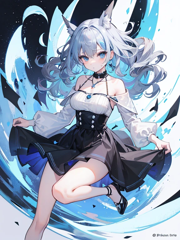highest quality,（（（Gray with blue hair）））（（（bob hair）））,whole body,bustle black skirt蝶,Moon Necklace,Black pumps,wavy hair,Slender,middle chest,whole body,white background