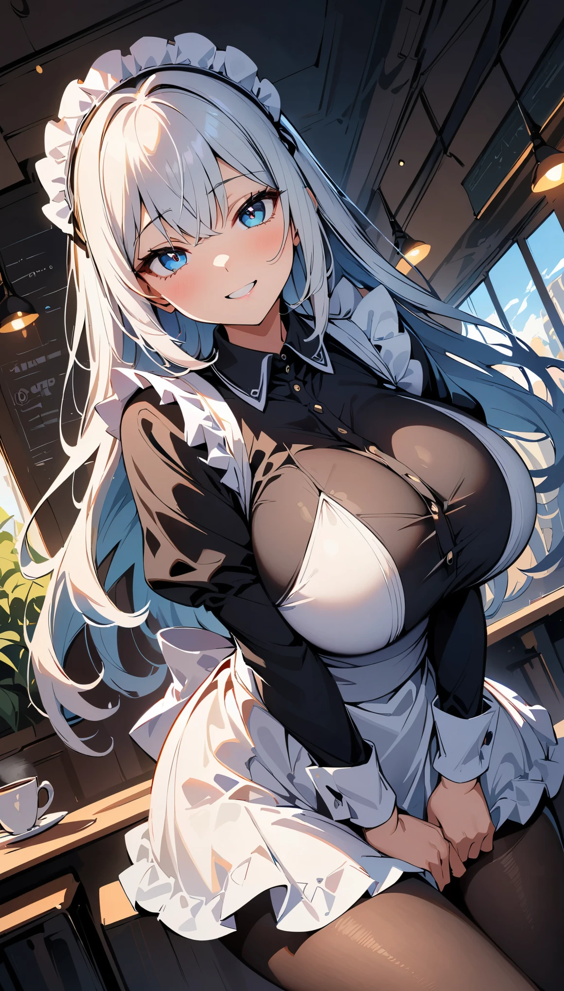 (high quality, 8K, 4k, high contrast, masterpiece:1.2, 最high quality, best aesthetics), , maid, very detailed, Seductive and erotic girl with lace headdress, smile, (Big breasts, Silver fur), Focus on the face, Focused on the face, complicated eyes, tights, laced tights, coffee shop, ground angle shot, Viewer looking up, feet in tights, 