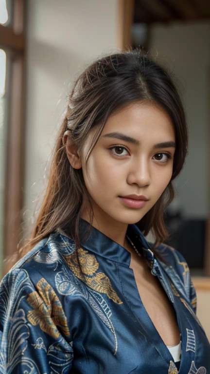 Indonesian girl, cute idol, natural brown skin, hair on a bun, ((batik clothes)), ((top quality, 8k, masterpiece: 1.3)), crisp focus: 1.2, beautiful woman with perfect figure: 1.4, highly detailed face and skin texture, detailed eyes, white kebaya dress, skinny, beautiful face, symmetrical face, are visible
