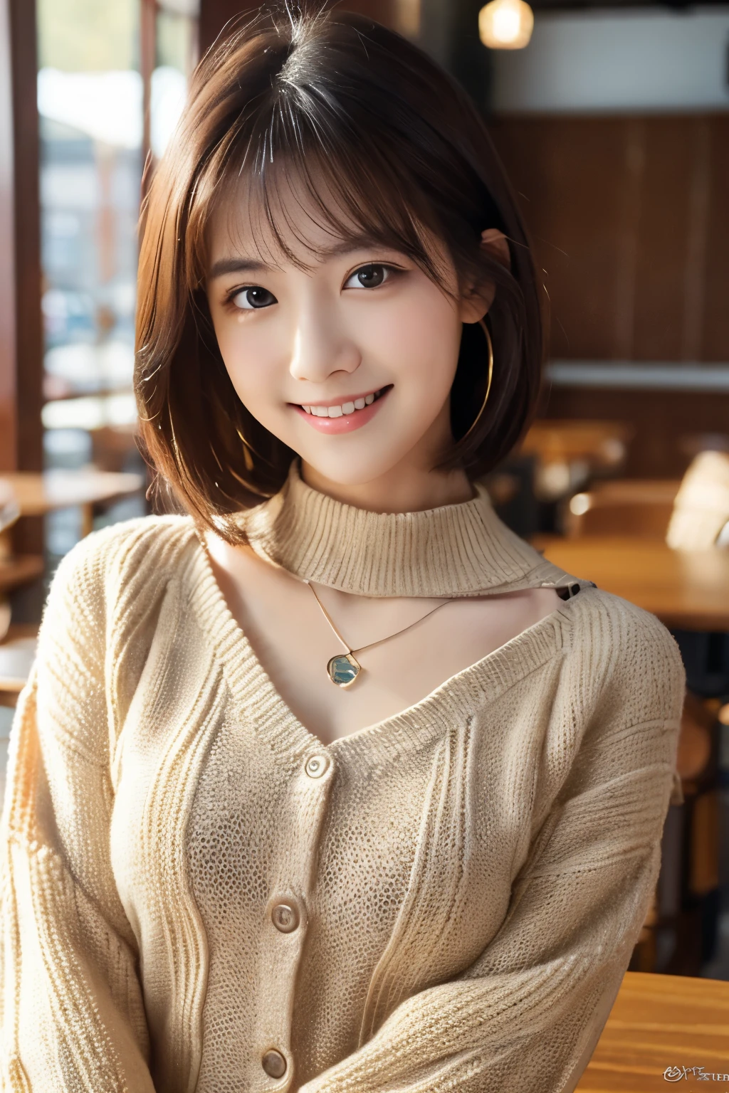 table top, highest quality, figure, Super detailed, small details, High resolution, 8k wallpaper, 完璧なダイナミックな構figure, detailed and beautiful eyes, long sleeve knit,shoulder extension,bob hair, middle of chest, natural color lips, random sexy poses,smile,20 year old girl,coffee shop,bitter,chest enhancement