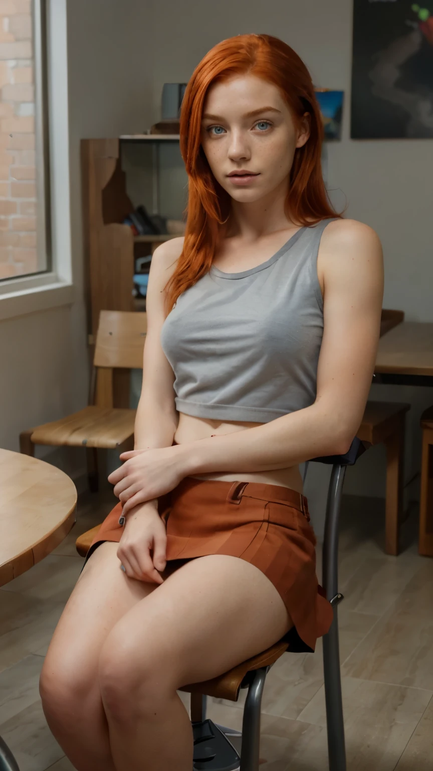 1 Girl, 24 years old, (bright red hair:1.3), shoulder length hair, freckles, blue eyes, photo, (photorealism:1.4), realistic anatomy, medium breasts, sitting on a chair, miniskirt, khaki skirt, gray top,