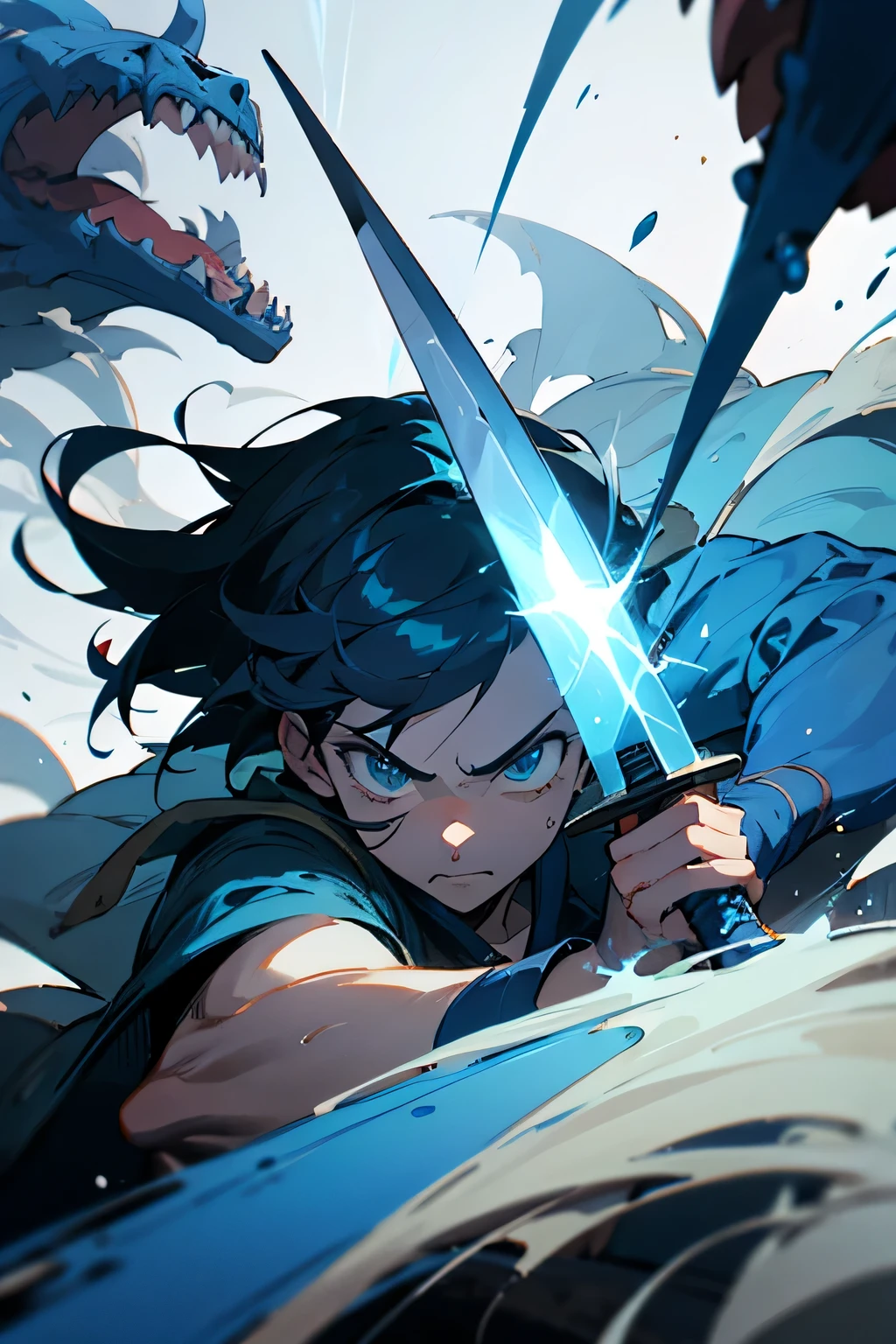 ((best quality)), ((masterpiece)), (detailed), perfect face, anime , A boy , holding a cool sword , fighting with monsters, black and blue themed 