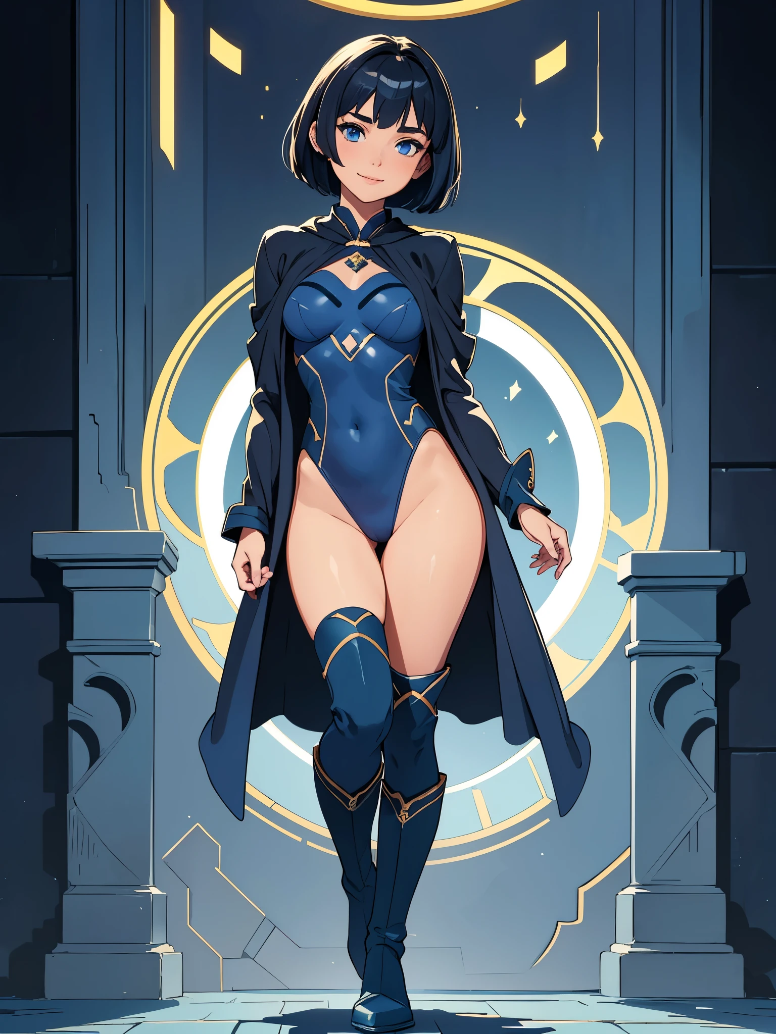 masterpiece, best quality, 1girl, superhero, ((leotard, dark blue leotard)), long sleeves, ((dark blue royal robe)), bare legs, boots, dark blue boots, matching boots, medium breasts, standing, standing straight, sci-fi backdrop, a castle in the background, dark blue hair, ((short hair, bob hair)), blue eyes, beautiful detailed eyes, beautiful detailed face, cute face, perfect hands, complete fingers, perfect anatomy, perfect proportions, regal, smile, closed mouth, full body with costume, full body, cowboy shot