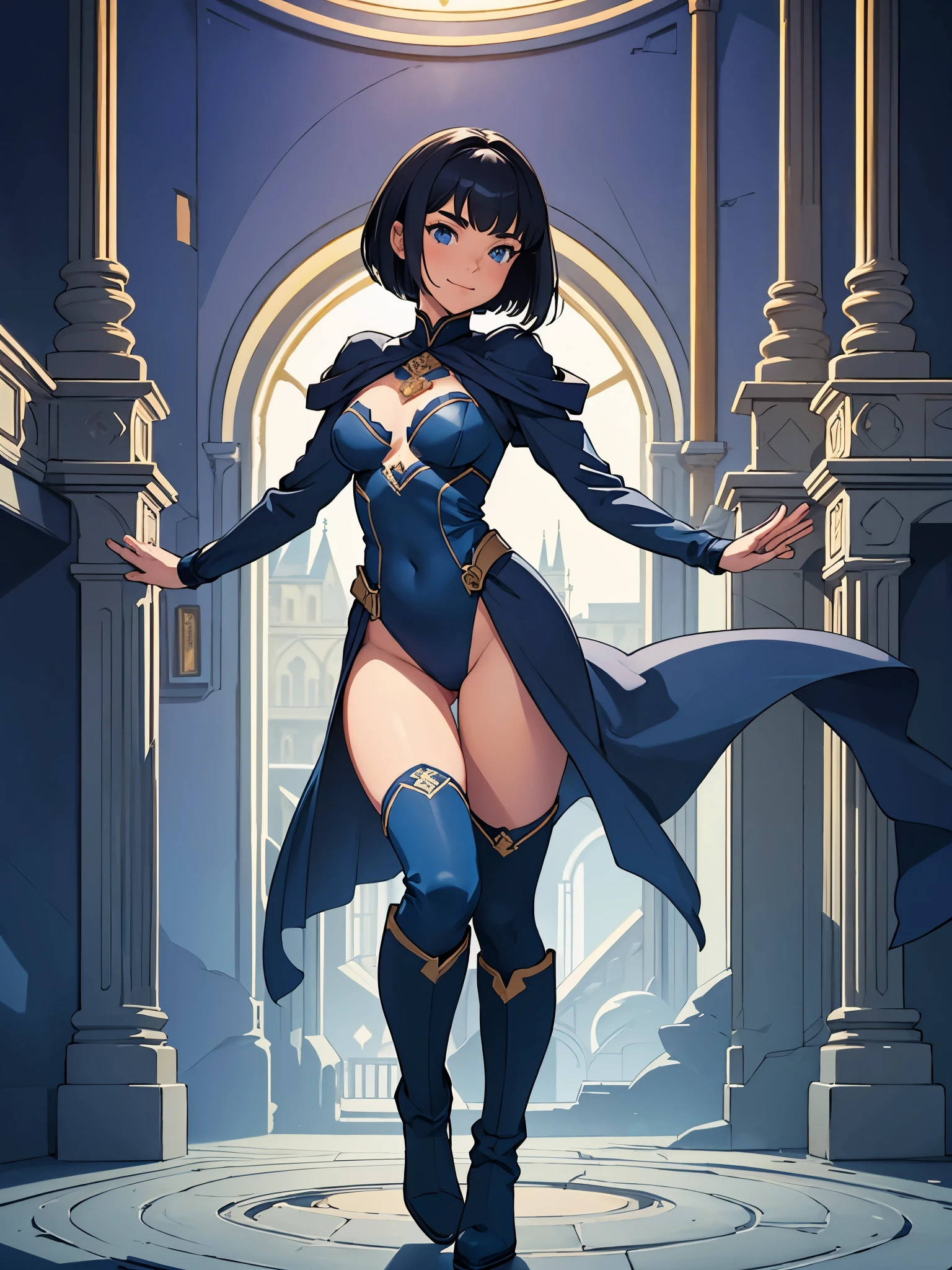masterpiece, best quality, 1girl, superhero, ((leotard, dark blue leotard)), long sleeves, ((dark blue royal robe)), bare legs, boots, dark blue boots, matching boots, medium breasts, standing, standing straight, sci-fi backdrop, a castle in the background, dark blue hair, ((short hair, bob hair)), blue eyes, beautiful detailed eyes, beautiful detailed face, cute face, perfect hands, complete fingers, perfect anatomy, perfect proportions, regal, smile, closed mouth, full body with costume, full body, cowboy shot