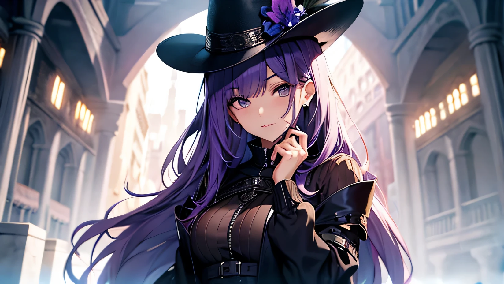 ((Mejor calidad)), ((obra maestra)), (detallado), cara perfecta, manos perfecta, 1 mujer madura, cabello corto azul, chaqueta morado, ojos azules, tacones negro, falda morado con mascarilla puesta, sombrero mediado
