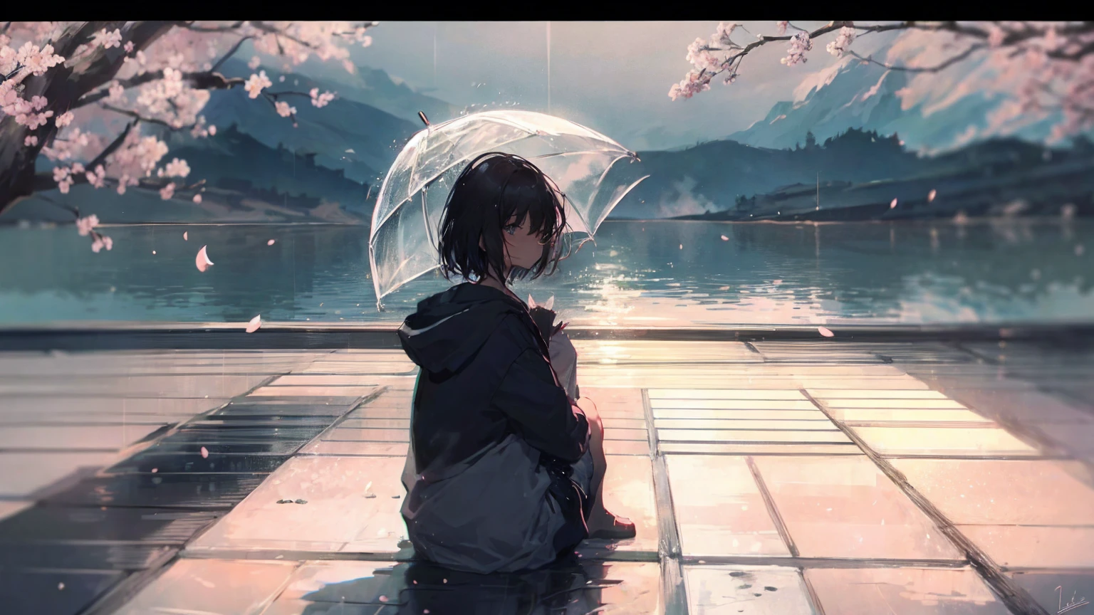 Product illustration of a girl in the rain,cherry blossoms,sitting