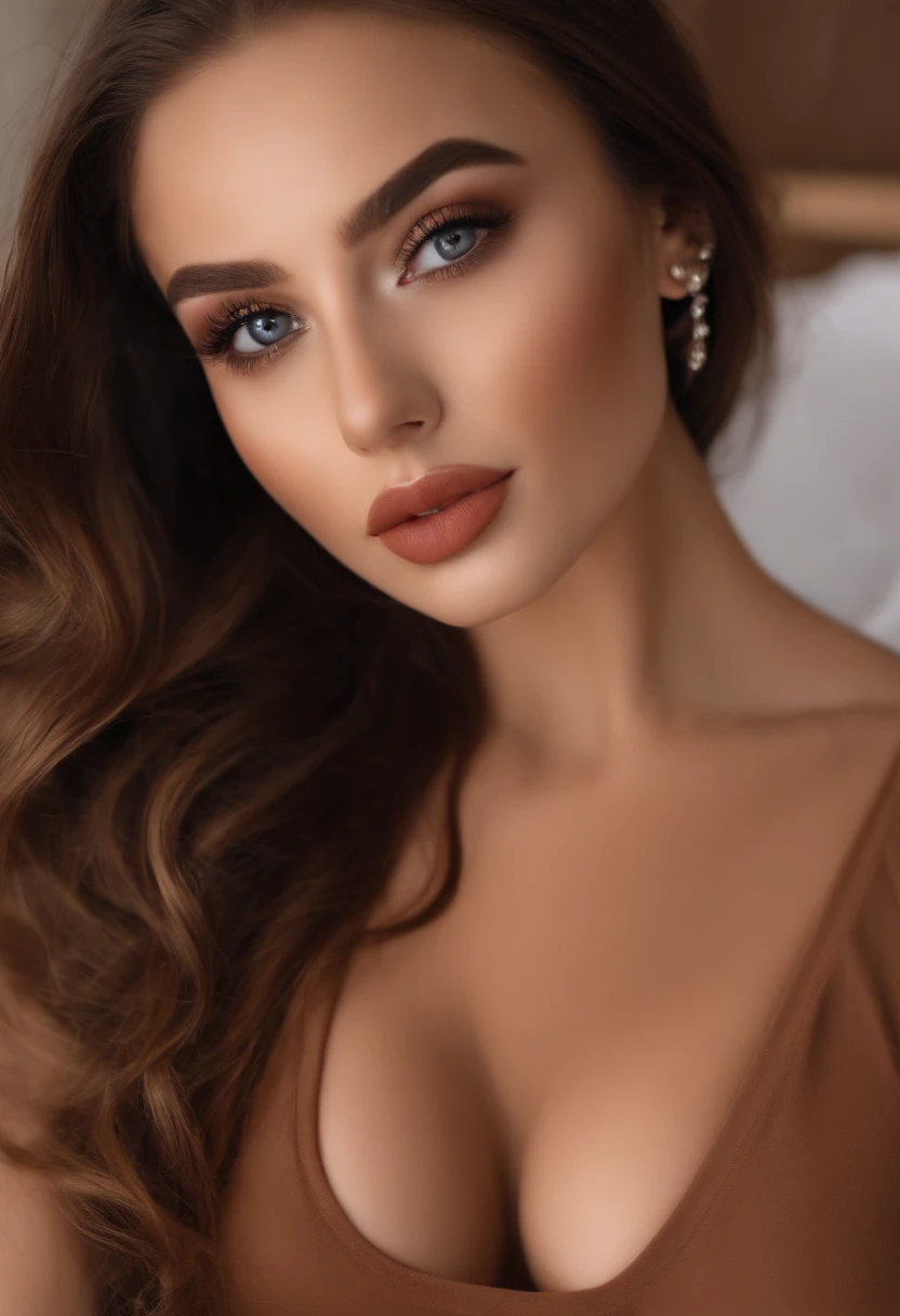 arafed femme pleinement , Fille sexy aux yeux marrons, ultra realistic, meticulously detailed, Portrait de Sophie Mudd, cheveux rouge et grands yeux, selfie d'une jeune femme, The eyes of Dubai, Violette Myers, sans maquillage, maquillage naturel, regarder directement la caméra, visage avec artgram, maquillage subtil, grosse poitrine, lying on the bed