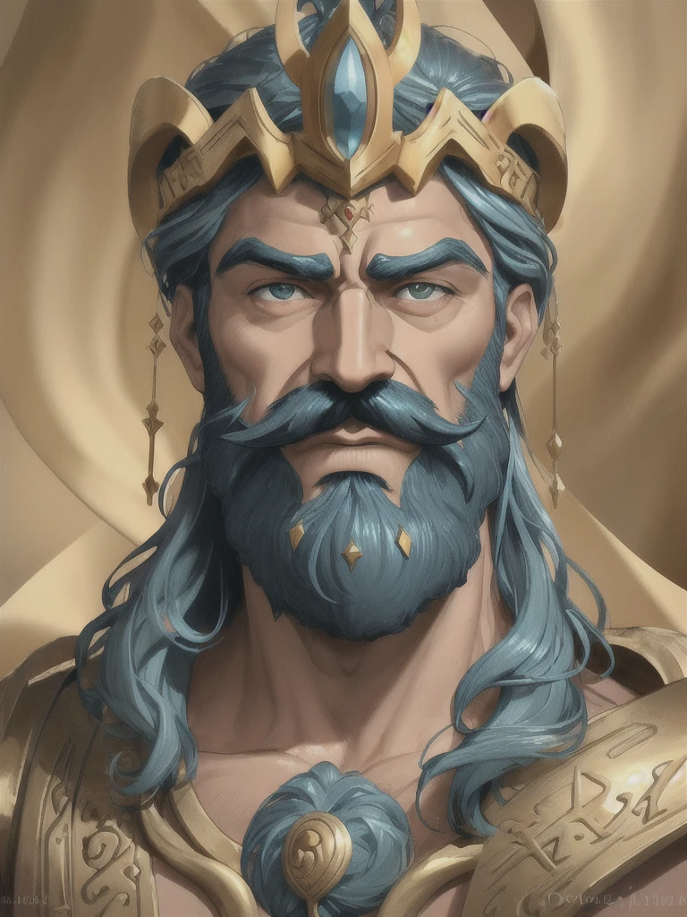 1man with mustache,Poseidon,greek gods,gold cloth, ocean, trident, majestic,close up,HD,ultra HD,detailed face,menance expression,