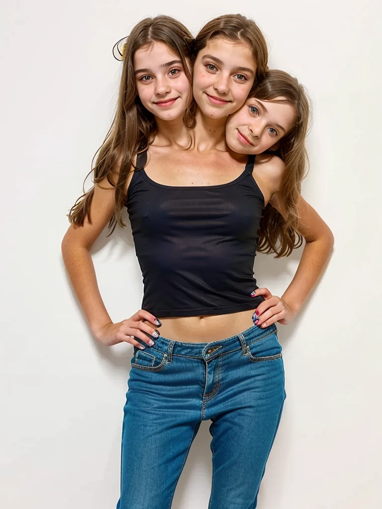 3heads, three headed girl, (a 13 year old girl and a 40 year old woman:1.5), (a 10 year old girl:1.5)