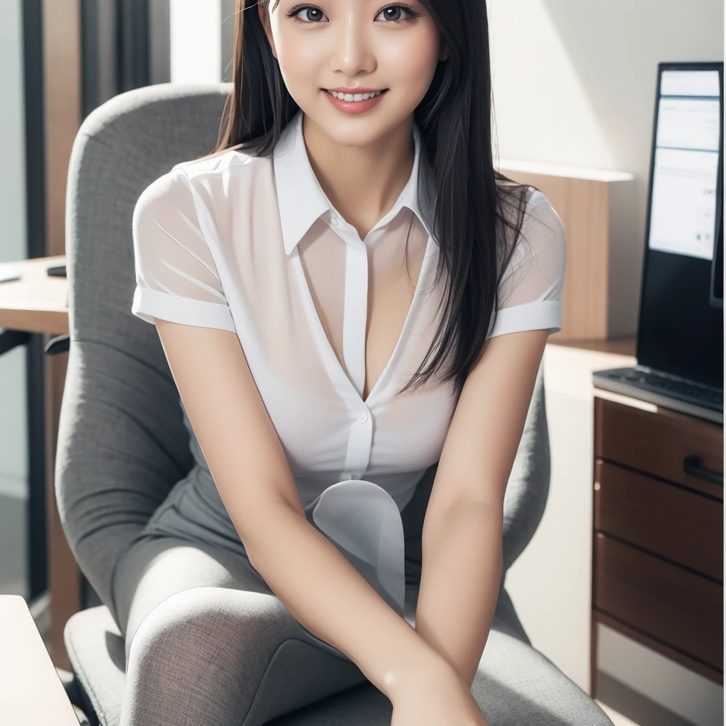 Making the image of a professional Japan woman dressed as an office worker (OL). She is wearing a fitted black blazer and、I'm wearing a crisp white blouse underneath. Her costumes exude sophistication, and、Delicate silver necklace adds elegance." She has black hair and is neat and fashionable., Emphasizes her strong and graceful facial features. after her, Modern office environment with clean lines and elegant décor、Shows her work environment