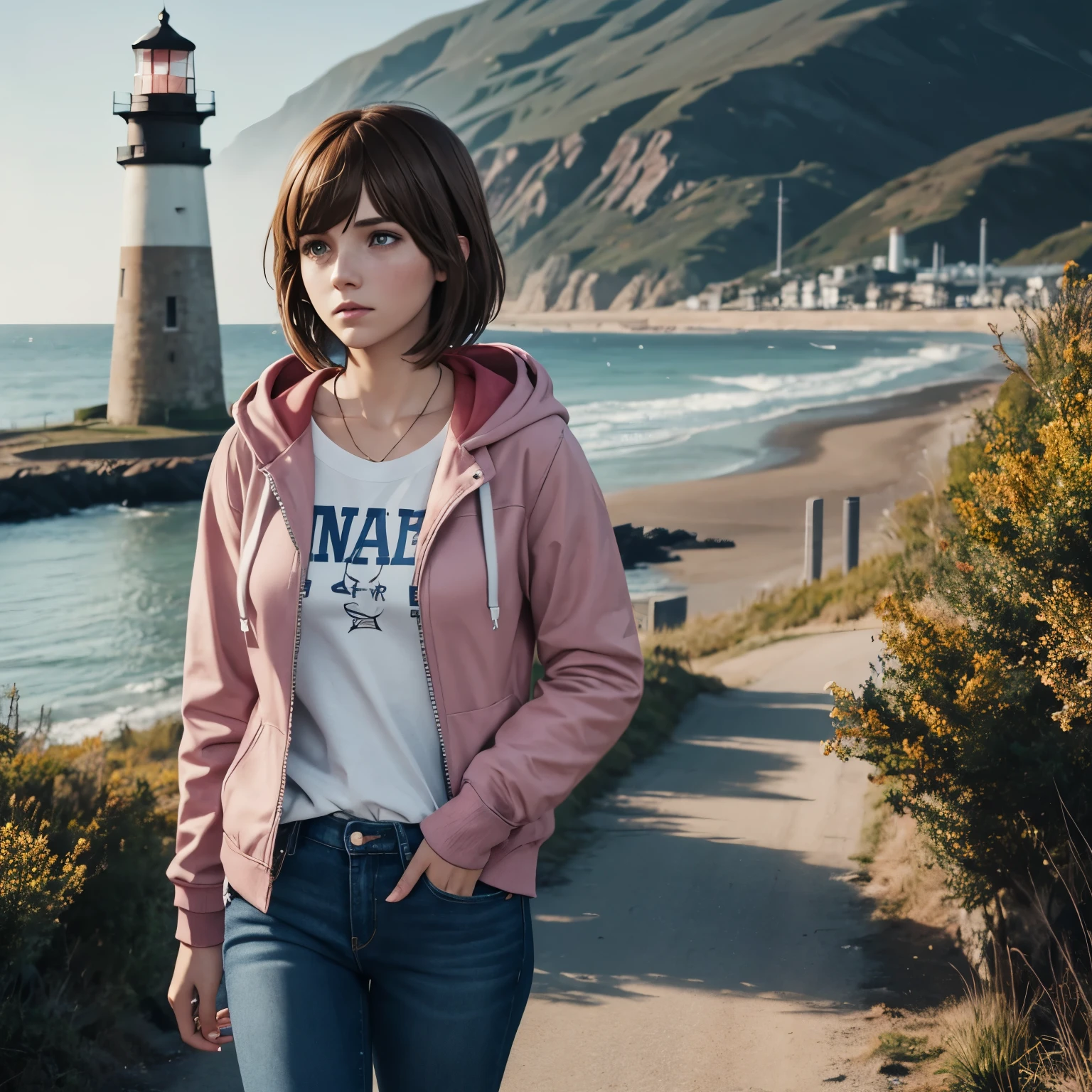 Max Caulfield from Life is Strange, brown short hair, blue eyes, freckles, bangs, wearing pink shirt, grey jacket hoodie, blue jeans, black and white shoes, looking to the side, background seaside town with lighthouse and forest, life is strange portrait style