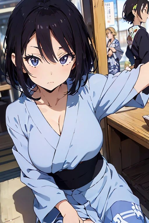 (anime cels style, best quality, high resolution, anime colored, megami magazine:1.2, anime poster style, sharp, 8k), (beautiful eyes:1.5), sakaguchihinata\(ttigraas\), 1girl, cute, black hair, short hair, large breast, cleavage, (haoli, yukata:1.5), cowboy shot, (sitting, seiza), (perfect detailed anatomy, perfect arms, perfect fingers, beautiful face, perfect body, shiny skin), 