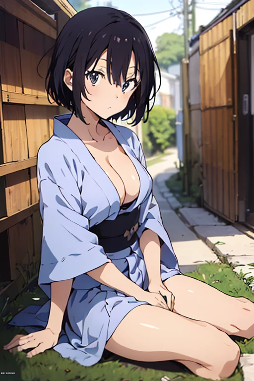 (anime cels style, best quality, high resolution, anime colored, megami magazine:1.2, anime poster style, sharp, 8k), (beautiful eyes:1.5), sakaguchihinata\(ttigraas\), 1girl, cute, black hair, short hair, large breast, cleavage, (haoli, yukata:1.5), cowboy shot, (sitting, seiza), (perfect detailed anatomy, perfect arms, perfect fingers, beautiful face, perfect body, shiny skin),