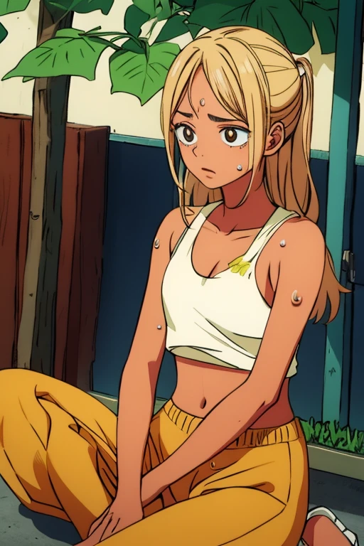 A tanned-skinned anime girl lies despondently on the ground, her hand cradling her abdomen in agony. Her fabric revealing the faint outlines of her ribs. Long sun-kissed locks cascade around her face, concealing it from view. Her despairing expression, etched with lines of hunger and suffering, speaks of a life devoid of sustenance. The sunlight filters through the foliage above, bathing her emaciated figure in a warm, golden glow that accentuates the definition of her bones. The bikini top clings to her body, leaving little to the imagination, she lying down on the forest floor with her eyes closed in immense pain and suffering from hunger
