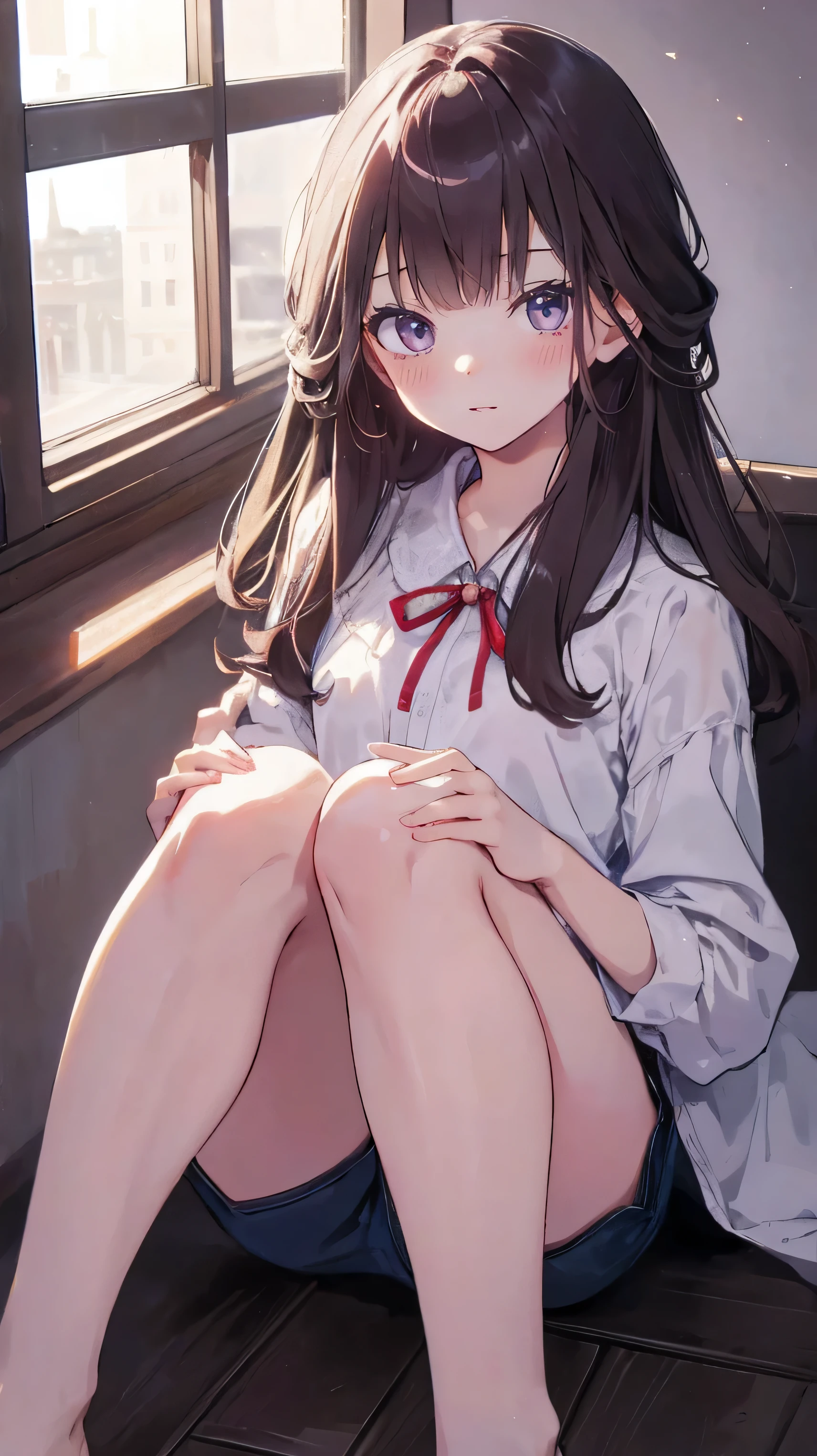 master piece、Highest image quality、highest quality、 ((panic))、glossy hair quality、small face、sitting、Super detailed and beautiful bright eyes、Super detailed clear and beautiful face、(cute illustration:1.2), High-resolution, ultra-detailed, best quality, embarrassed、(cute underwear)、(Gaps in shorts)