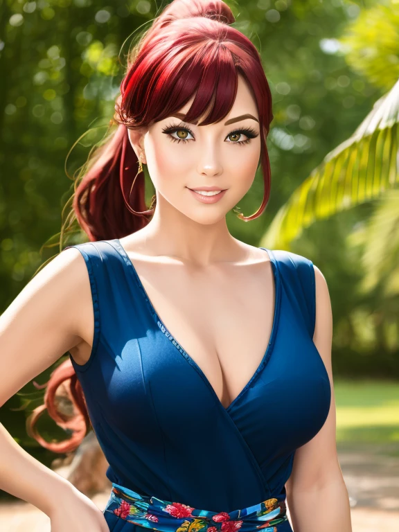 (best quality, masterpiece, ultra-detailed)vintage colors,woman, 32 years-old,vintage pin-up,red hair,bangs,beautiful detailed face, big eyelashes,ponytail,little smile,medium breats,minimum waist,summer dress,photographic studio scenario