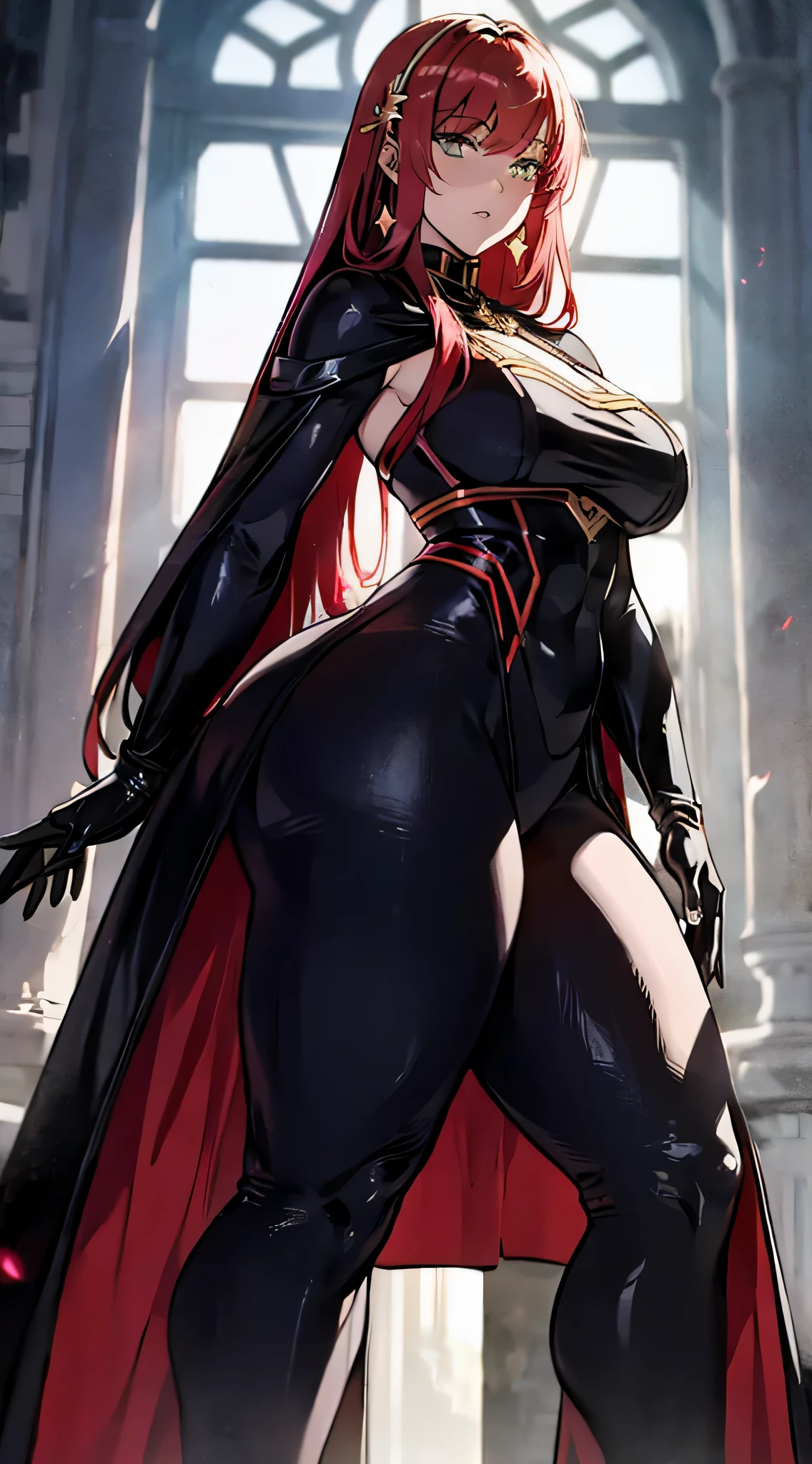 Female, alone, paladin of light, human, light powers, expert fighter, red hair, detailed eyes, beautifull face, long hair, defined body, yellow and bright eyes, thick legs, strong legs, tall, Voluptuous legs, black armor, palading black armor, huge ass, big hip, big ass, wearing black coat, black and red robes, detailed eyes, big hips, thick body type, tall