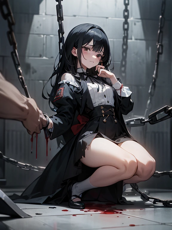 full body, black hair, shoulder length hair, black eyes, small breasts, detailed background, highres, highly detailed face, Detailed eyes, good proportions, pained expression, pained grimace, crying, visible tears, open mouth, bruises, death row inmate, guillotine, bloodstains, blood, iron chains, chained body, handcuffs, messy hair, fallen down, torn outfit, public shaming, humiliation