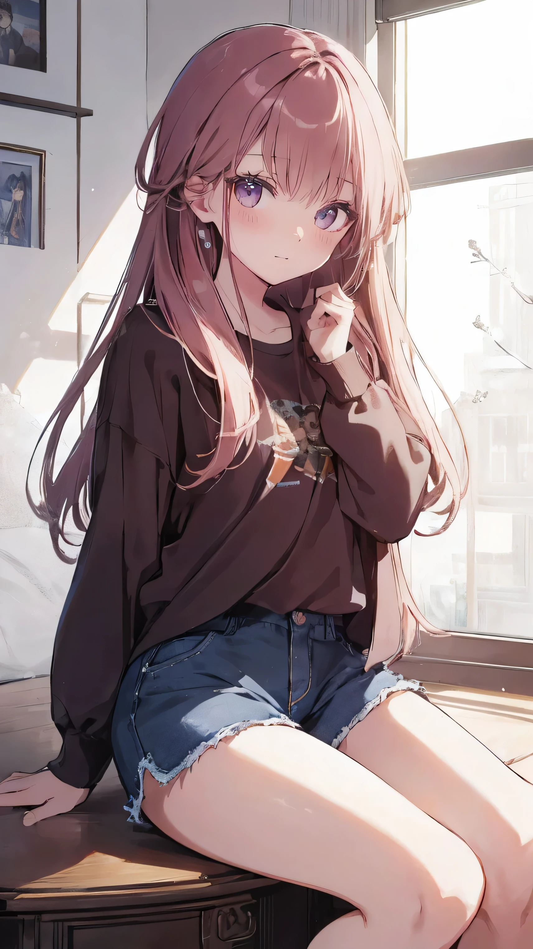 master piece、Highest image quality、highest quality、 ((panic))、glossy hair quality、small face、sitting、Super detailed and beautiful bright eyes、Super detailed clear and beautiful face、(cute illustration:1.2), High-resolution, ultra-detailed, best quality, embarrassed、(cute underwear)、(Gaps in shorts)