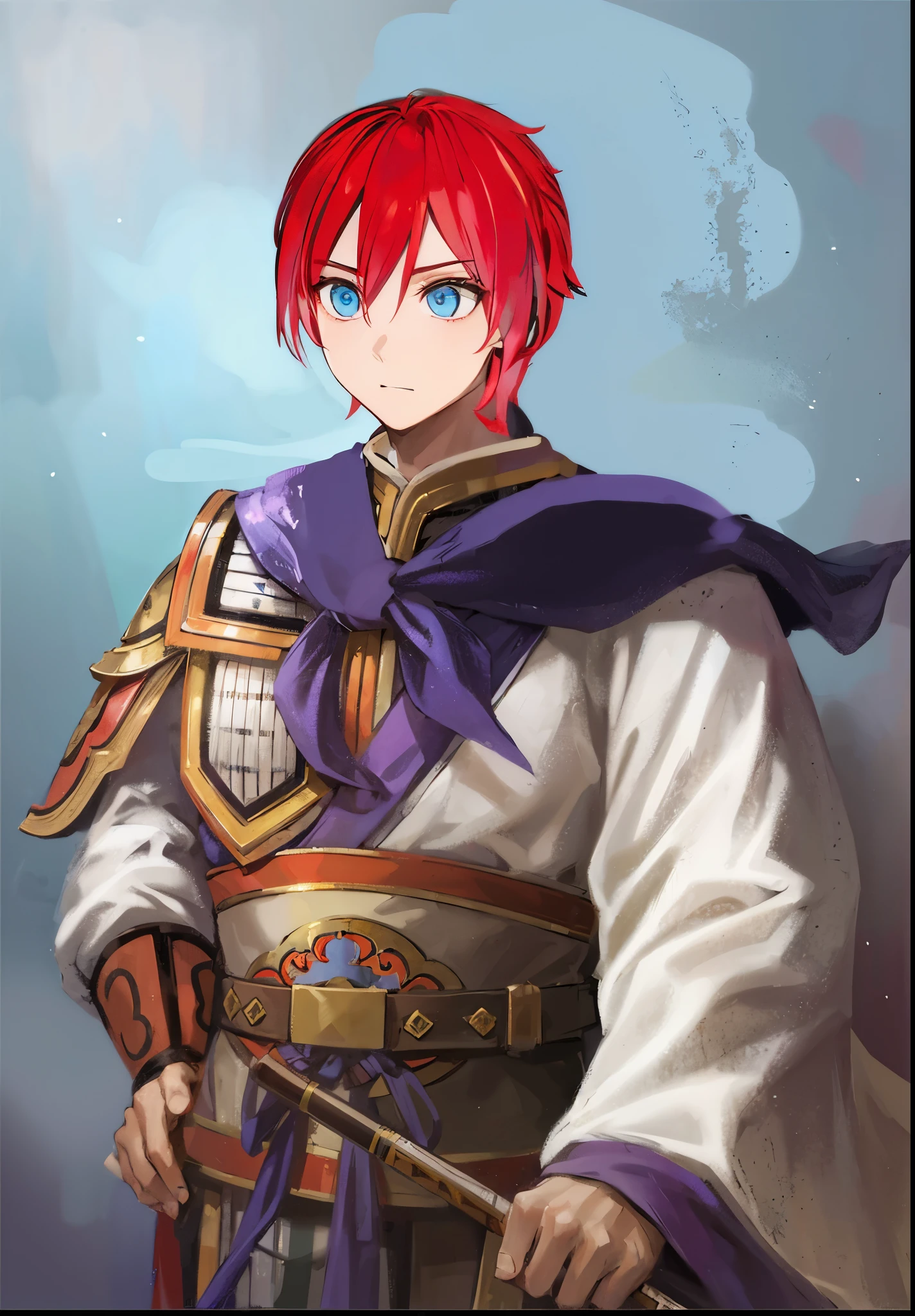 Anime character with red hair and blue eyes holding a flute, Nobutaka Ike, Beautiful androgynous prince, 《Genshin》Keqing, Inspired by Taketoshi Matsumura, Produced by Anime Painter Studio, confident expression,threekingdoms unparalleled style,Soma Yukihiro,Zhao Yun,Ma Chao,Zhou Yu,Jiang Wei,Chinese style martial general,Mikuni,young general,Leadership temperament