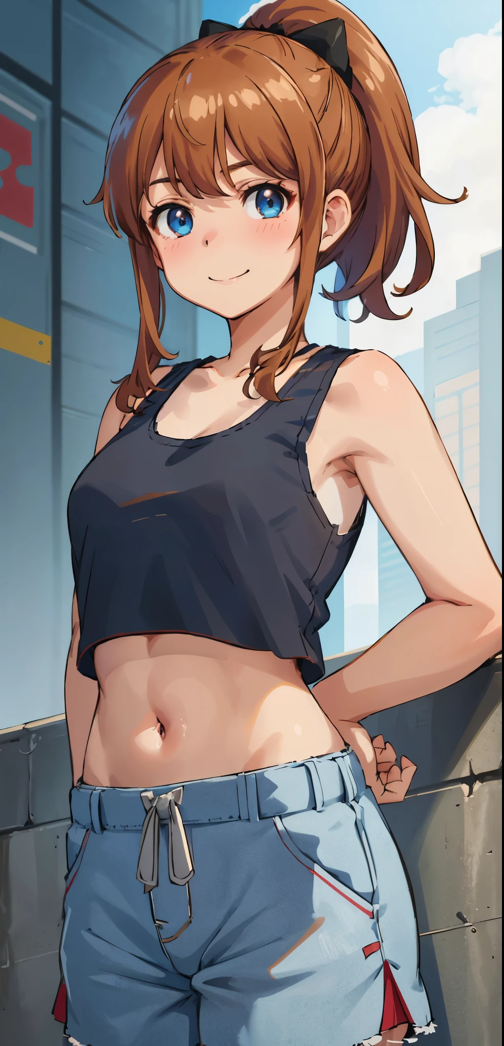 best quality, (masterpiece:1.2), highly detailed, standing, street,
1girl, solo, akatsuki minami,
looking at the viewer, closed mouth, smile, slight blush,
blue eyes, brown hair, ponytail, hair bow, sleeveless, (((cropped tank top, navel)))