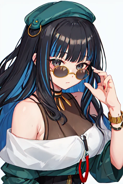 best quality, masterpiece, high resolution, alone, {Tralocque_fgo:1.15}, Bangs, Black_hair, blue_hair, colorful_hair, lexistg_hair, hexist, breast, jewelry, sunglasses, striped_hair, Black_Eye, 1 girl, only_Shoulders, Berets, closure_Mouth, watching_exist_audience, simple_background, Glasses_exist_head, green_headwear, white_background, blunt_Bangs, shirt, blush, lexistg_sleeve, leave_Shoulder, superior_Body, round_Glasses, two-texiste_hair