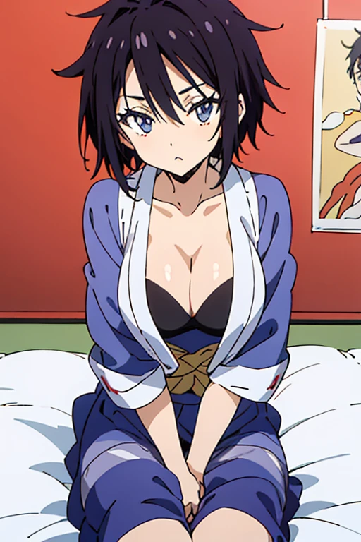 (anime cels style, best quality, high resolution, anime colored, megami magazine:1.2, anime poster style, sharp, 8k), (beautiful eyes:1.5), sakaguchihinata\(ttigraas\), 1girl, cute, black hair, short hair, large breast, cleavage, (haoli, yukata:1.5), cowboy shot, (sitting, seiza), (perfect detailed anatomy, perfect arms, perfect fingers, beautiful face, perfect body, shiny skin), 