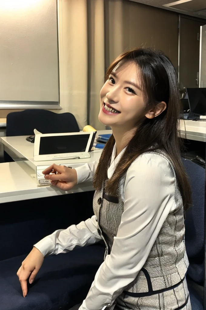 Ulchan-6500-v1.1, (Raw photo:1.2), (Photoreal), beautiful detailed girl, (genuine: 1.4), very detailed目と顔, beautiful and detailed eyes, Mr..々Patterned vest、sitting on a chair in a busy office、(Sit with your feet together:1.3)、(super realistic pantyhose:1.2), (high heels)、(business services)、(very affectionate smile:1.2)、huge file size, High resolution, very detailed, highest quality, [masterpiece:1.6], enlightenment, very detailed, finely, highest quality, 8k wallpaper, movie lighting, 1 girl, 26 years old, perfect body shape, Cute droopy eyes、beautiful big eyes、highest quality, 1 girl, eye shadow,  ((full body shot:1.3))、