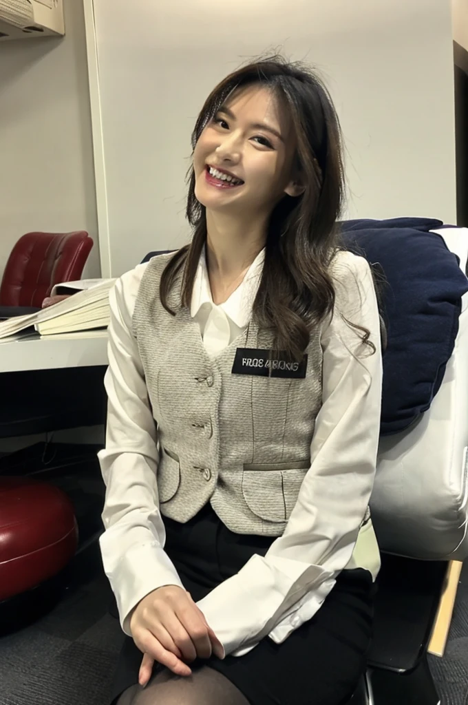 Ulchan-6500-v1.1, (Raw photo:1.2), (Photoreal), beautiful detailed girl, (genuine: 1.4), very detailed目と顔, beautiful and detailed eyes, Mr..々Patterned vest、sitting on a chair in a busy office、(Sit with your feet together:1.3)、(super realistic pantyhose:1.2), (high heels)、(business services)、(very affectionate smile:1.2)、huge file size, High resolution, very detailed, highest quality, [masterpiece:1.6], enlightenment, very detailed, finely, highest quality, 8k wallpaper, movie lighting, 1 girl, 26 years old, perfect body shape, Cute droopy eyes、beautiful big eyes、highest quality, 1 girl, eye shadow,  ((full body shot:1.3))、