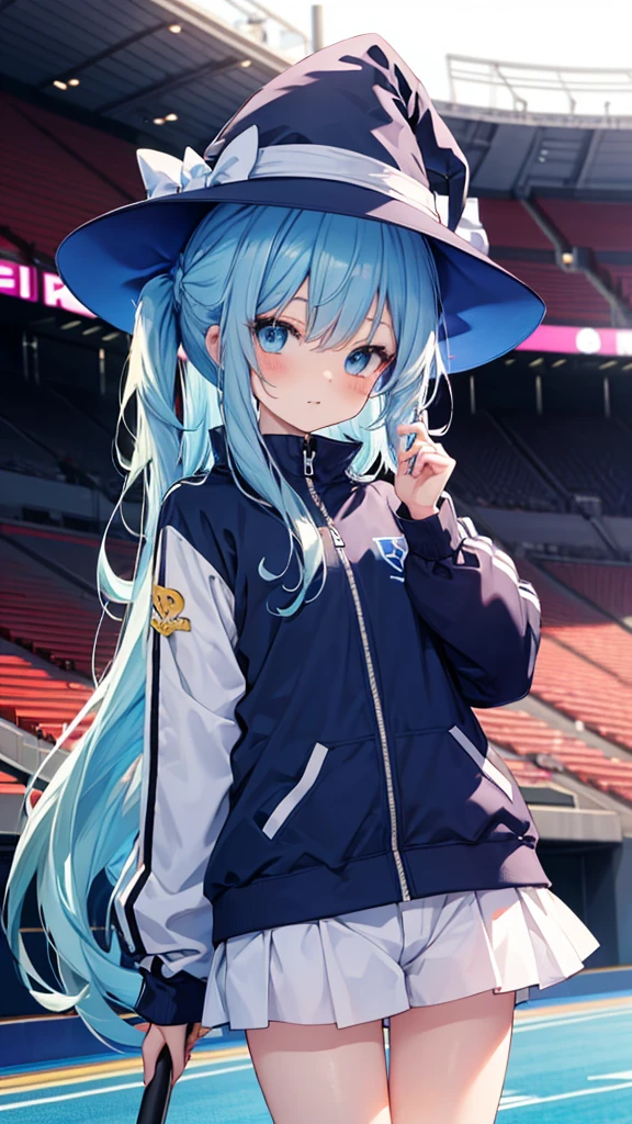 kawaii anime style,kawaii shota,kawaii light blue clothes and light blue hat,kawaii witch shota,light blue long loose hair,kawaii face,
wearing a stadium jacket over clothes,