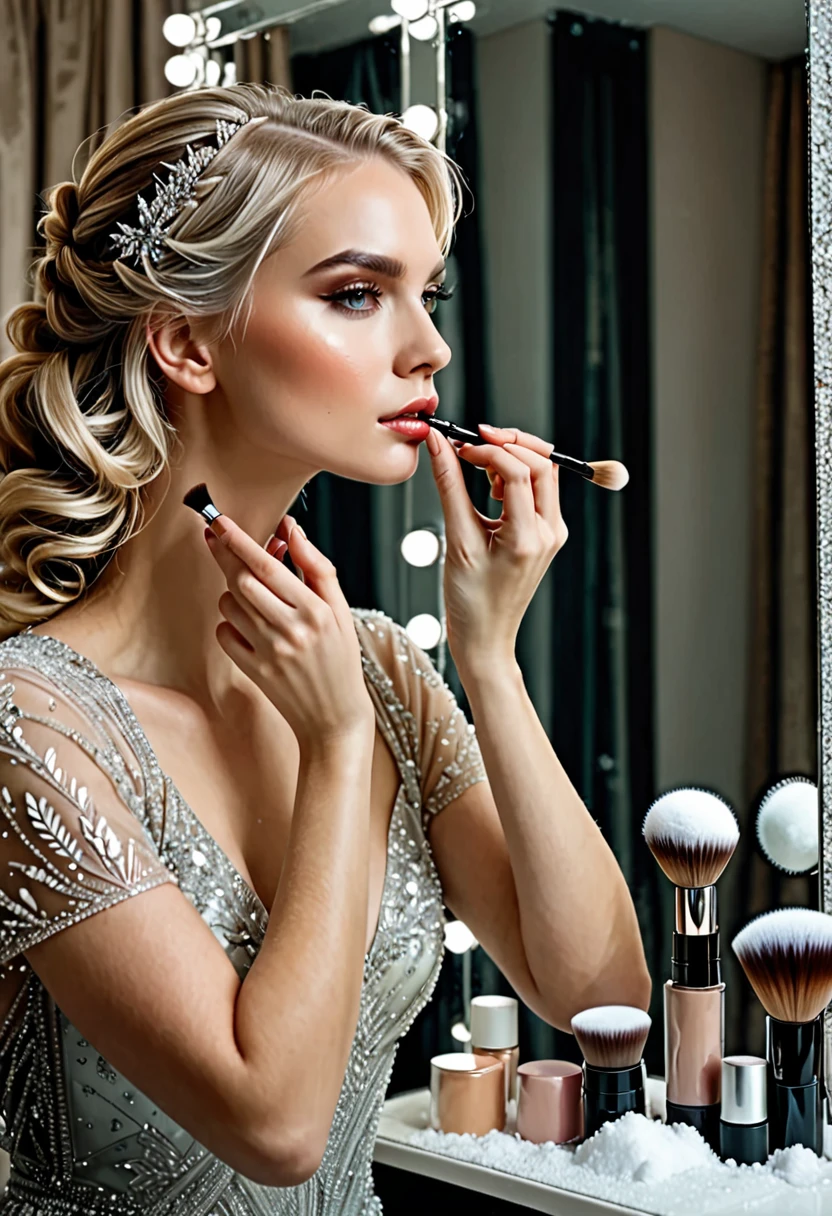 Mujer rubia con el cabello atado, ultra detallado, realista, fondo de palacio de cristal y nieve, she is putting on makeup in front of a mirror