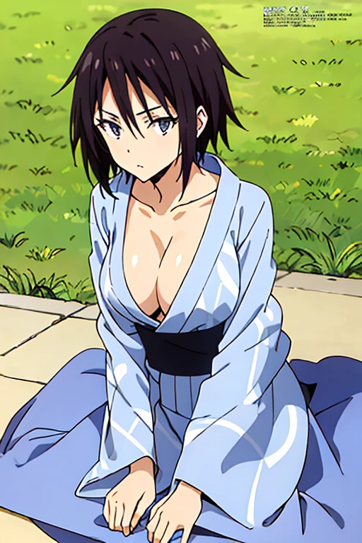 (anime cels style, best quality, high resolution, anime colored, megami magazine:1.2, anime poster style, sharp, 8k), (beautiful eyes:1.5), sakaguchihinata\(ttigraas\), 1girl, cute, black hair, short hair, large breast, cleavage, (haoli, yukata:1.5), cowboy shot, (sitting, seiza), (perfect detailed anatomy, perfect arms, perfect fingers, beautiful face, perfect body, shiny skin), 