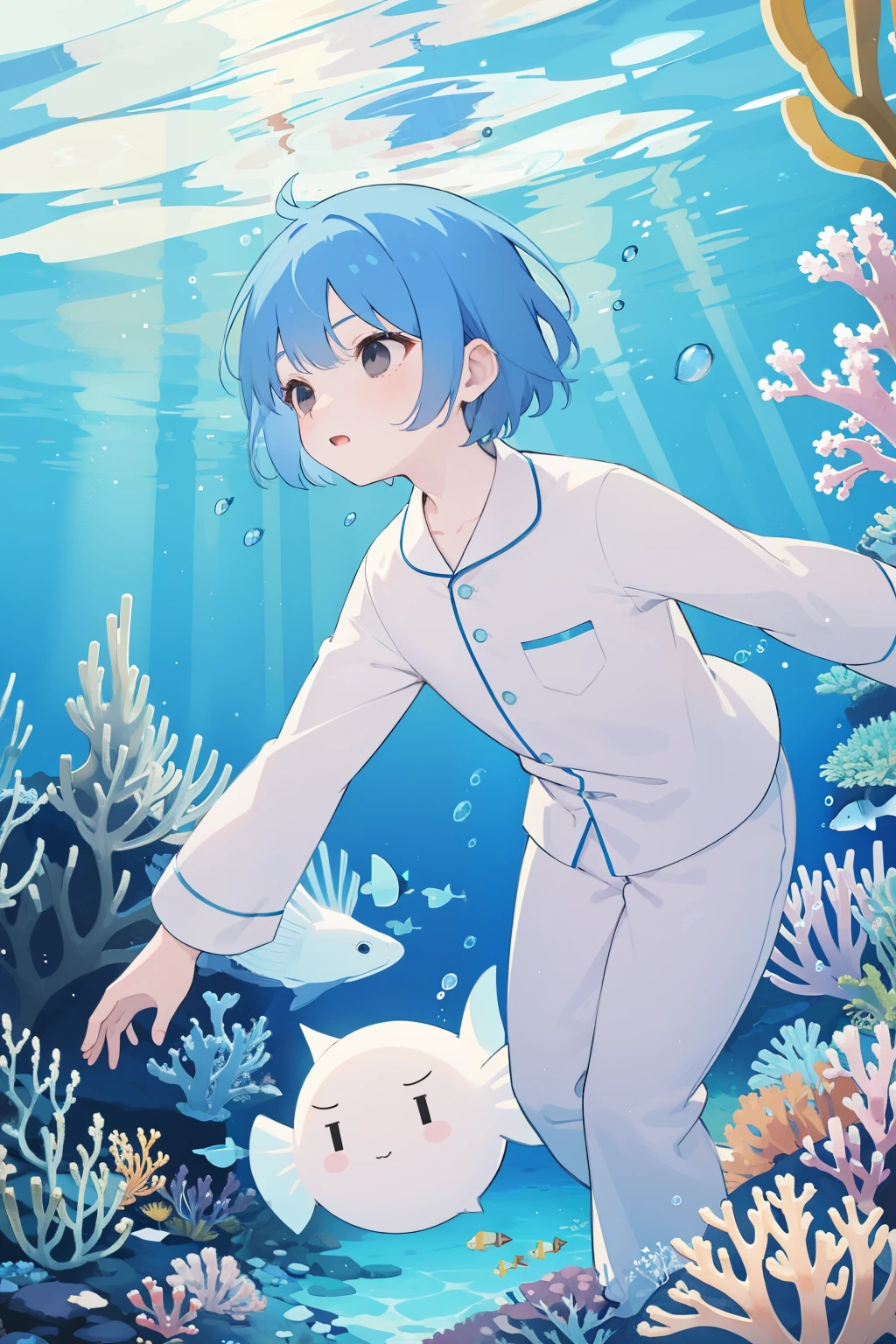 Under the sea, Black Eyes, blue hair, male character, Pajamas, Short hair, 20's, cetus