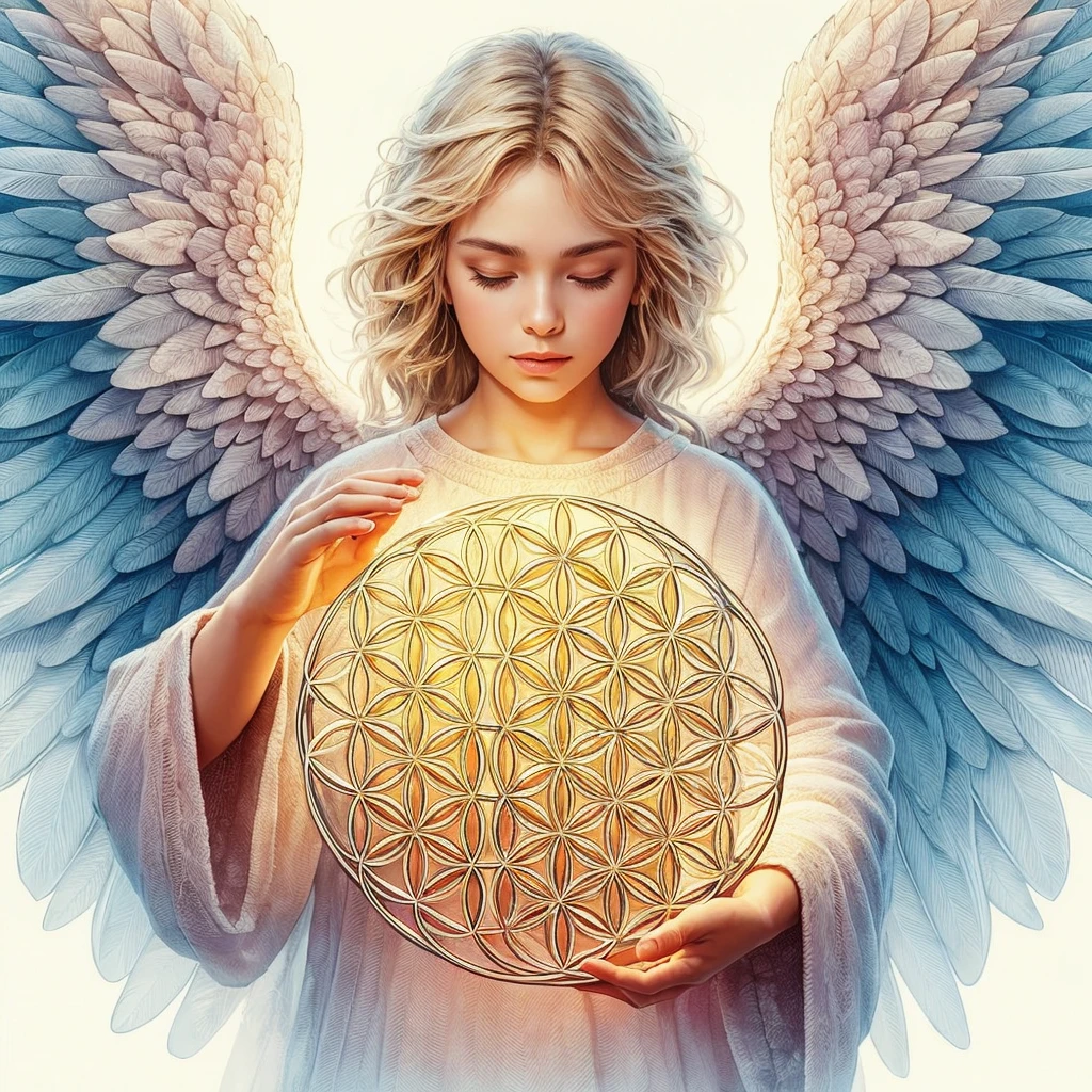 Create image 4k portrait perfect archangel wings in the middle of golden universe sacred geometry . --automatic