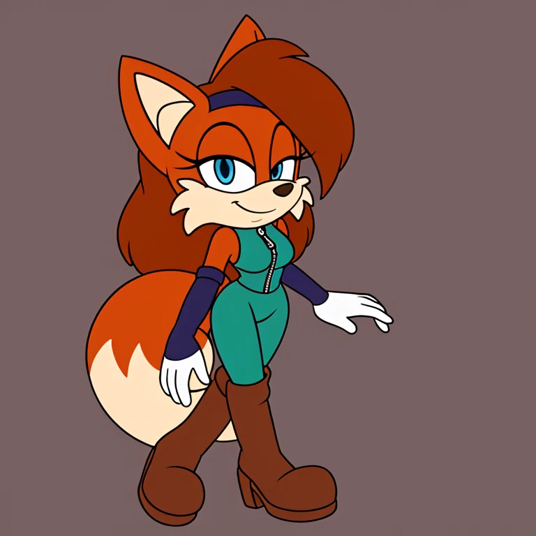 Fiona Fox, solo, cute, long white gloves, breasts, blue eyes, boots, zipper, outline, standing, bangs, full body, brown hair, orange footwear, medium breasts, sleeveless, long hair, looking at viewer, border, white outline, red fur, half-closed eyes, short jumpsuit, elbow gloves, fox tail, two-tone fur, smile, hairband, closed mouth, shiny, flipped hair, gradient, fox ears, bodysuit, bare shoulders, body fur, grey background, knee boots, simple background