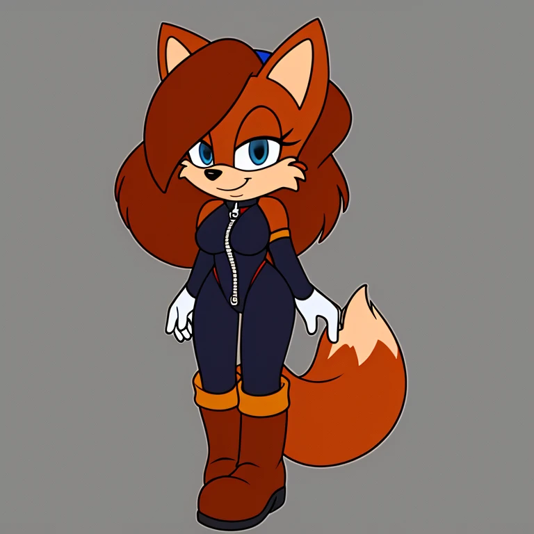 Fiona Fox, solo, cute, long white gloves, breasts, blue eyes, boots, zipper, outline, standing, bangs, full body, brown hair, orange footwear, medium breasts, sleeveless, long hair, looking at viewer, border, white outline, red fur, half-closed eyes, short jumpsuit, elbow gloves, fox tail, two-tone fur, smile, hairband, closed mouth, shiny, flipped hair, gradient, fox ears, bodysuit, bare shoulders, body fur, grey background, knee boots, simple background