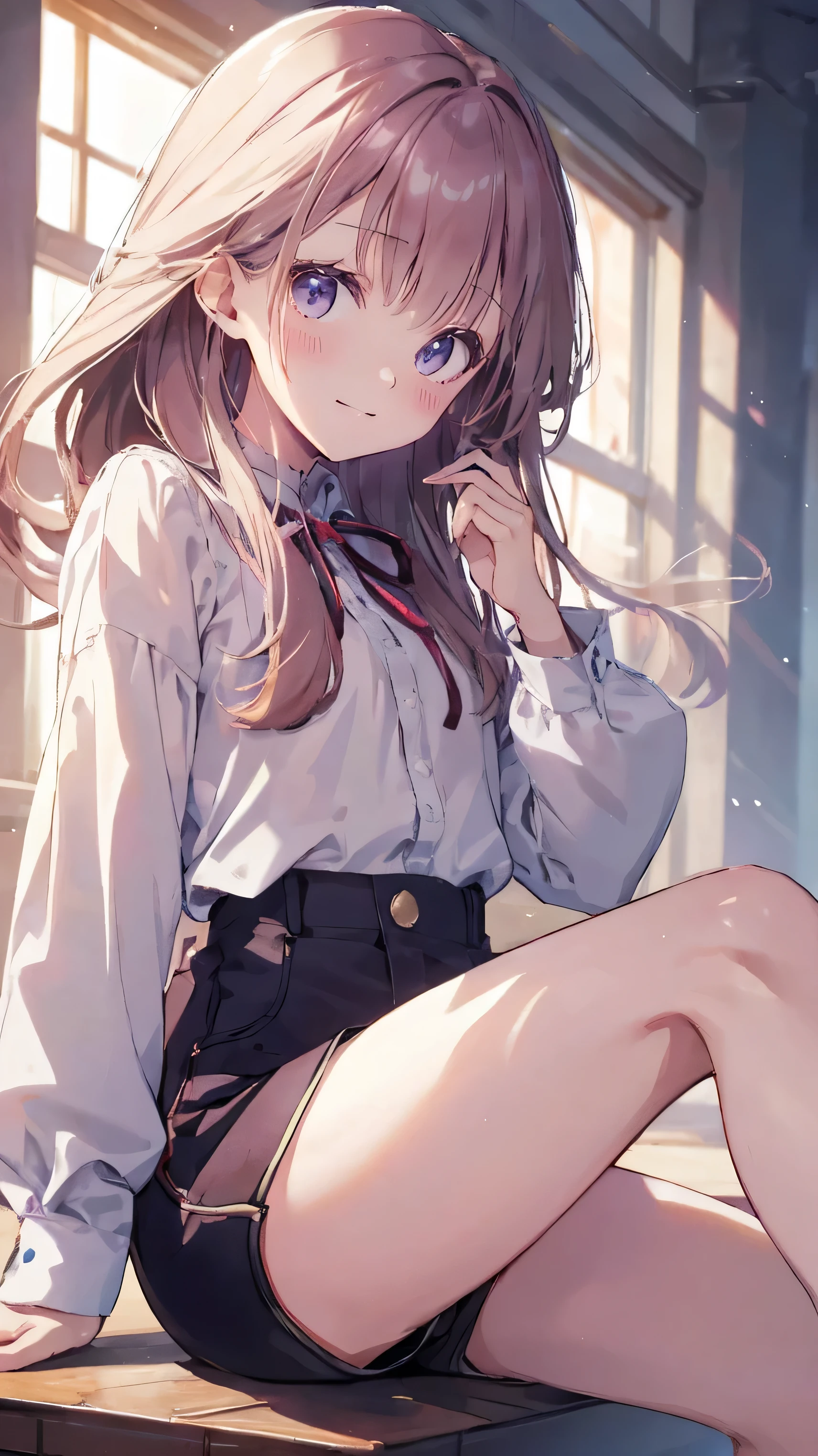 master piece、Highest image quality、highest quality、 ((panic))、glossy hair quality、small face、sitting、Super detailed and beautiful bright eyes、Super detailed clear and beautiful face、(cute illustration:1.2), High-resolution, ultra-detailed, best quality, embarrassed、(cute underwear)、(Gaps in shorts)