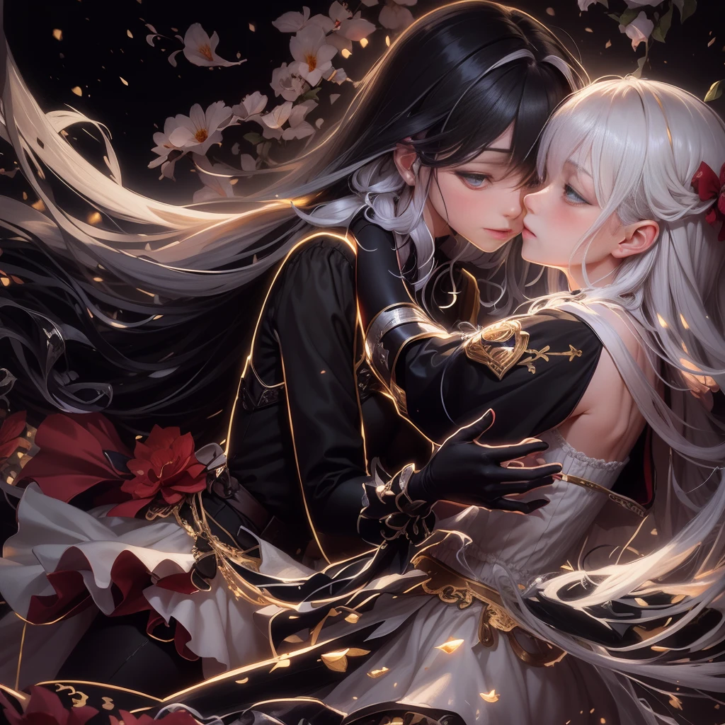 Two girls in dresses looked at each other and leaned together to kiss, one with black hair and red pupils, the other with white hair and golden pupils, with a delicate face and a shy expression, with a starry sky in the background, and the whole body