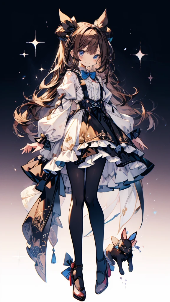 The photo is a cartoon-style image of a female protagonist and her pet., alone, 1 girl, dress, long hair, have, full body, blue eyes, bow, top have, mini have, mini top have, shine, side lock, brown dress, white pantyhose, very long hair, smile, looking at the viewer, simple background, bowtie, frills, bangs, brown hair, frilled dress, white background, pantyhose, closed mouth, Are standing, shoes