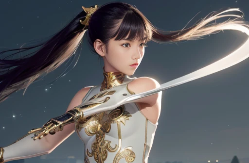 (((Girl fighting with one-handed sword))), Uplifting, (highest quality), (masterpiece) perfect style, ((A beautiful body that is partly mechanical)), (((Thin see-through bodysuit, Golden pattern))), Upper body, looking at the camera, long flowing black hair, ponytail, Long black hair dancing in the wind, beautiful detailed eyes, pale hue, Precise as a photo, A full moon in a starry sky, pale hue, monochrome