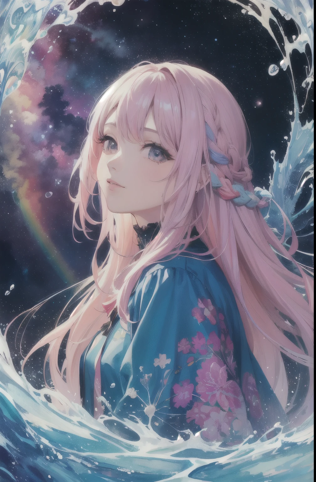 (masterpiece, highest quality, highest quality,watercolor (Moderate),official art, beautiful and aesthetic:1.2),(1 girl:1.3), (fractal art:1.3),Upper body, From the side, looking at the viewer,pattern,(rainbow colored hair,colorful hair,Half blue、half pink hair:1.2),water,liquid, cloud,colorful, starry sky,performer,A face that looks like it's about to cry,