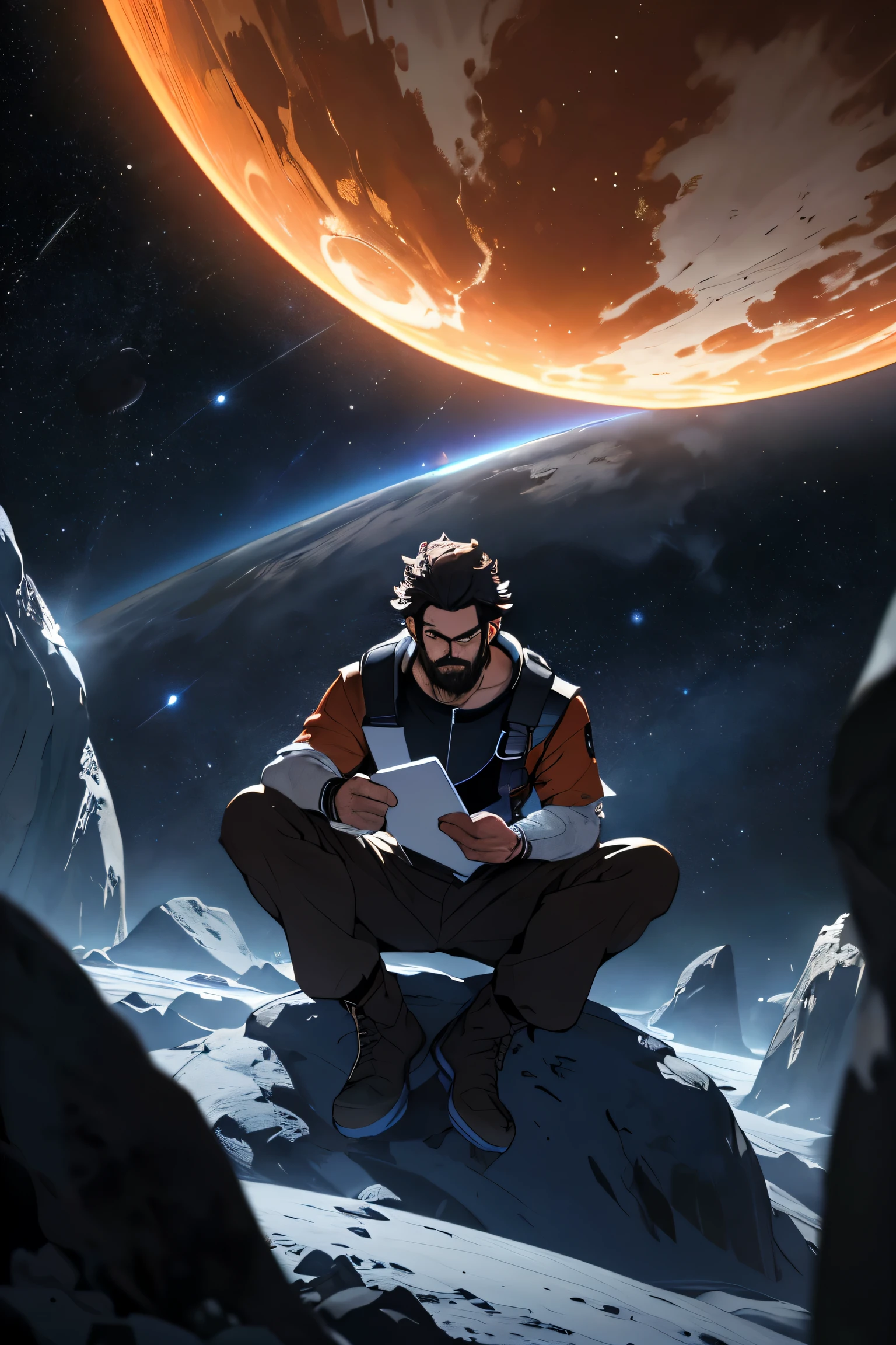 Desenhe um jovem programador, sitting on a research platform floating in the middle of an asteroid belt. He is studying with a notebook, surrounded by several asteroids glowing with fiery auras. Dramatic lighting from distant stars and planets illuminates the scene, casting deep shadows on the costume. O jovem parece confiante e determinado, looking at the vast and mysterious universe with awe and respect,Facial hair, tiro de vaqueiro,